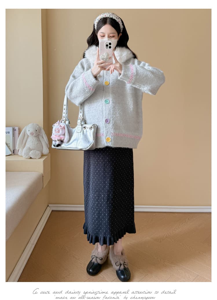 실사 임산부 가을 겨울 패션 슬림해 보이는 연령 감소 스웨터 후드 모피 칼라 카디건 코트 조정 반신 치마 세트 상세 이미지 27