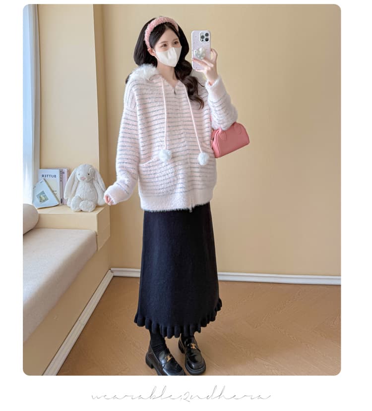 실사 임산부 가을 겨울 패션 연령 감소 스웨터 후드 모피 칼라 카디건 코트 수 있습니다. 조정 반신 치마 세트 상세 이미지 15