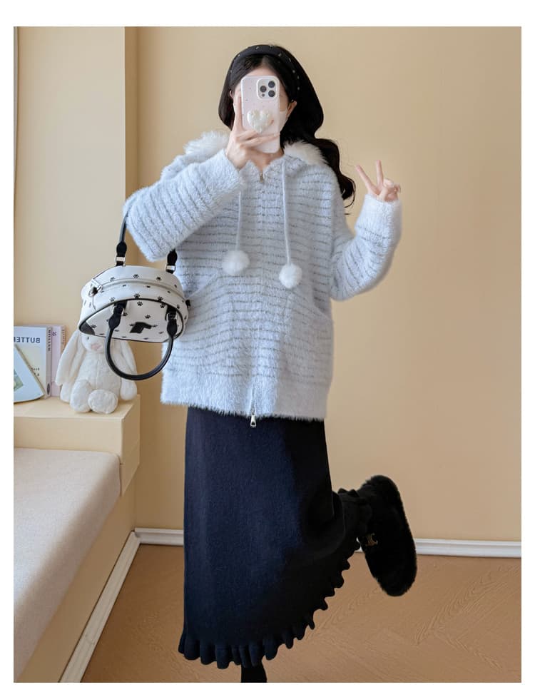 실사 임산부 가을 겨울 패션 연령 감소 스웨터 후드 모피 칼라 카디건 코트 수 있습니다. 조정 반신 치마 세트 상세 이미지 43