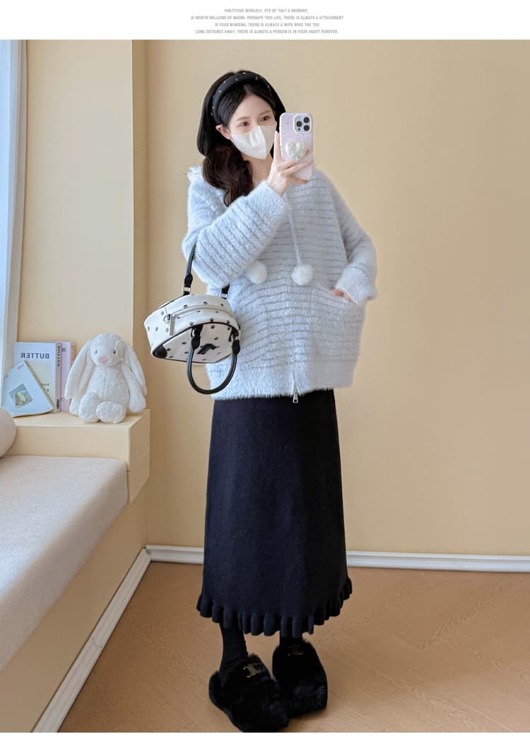 실사 임산부 가을 겨울 패션 연령 감소 스웨터 후드 모피 칼라 카디건 코트 수 있습니다. 조정 반신 치마 세트 상세 이미지 46