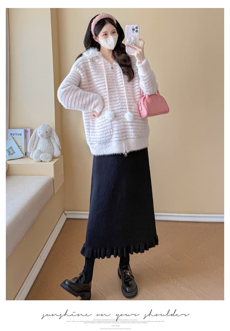 실사 임산부 가을 겨울 패션 연령 감소 스웨터 후드 모피 칼라 카디건 코트 수 있습니다. 조정 반신 치마 세트 상세 이미지 59