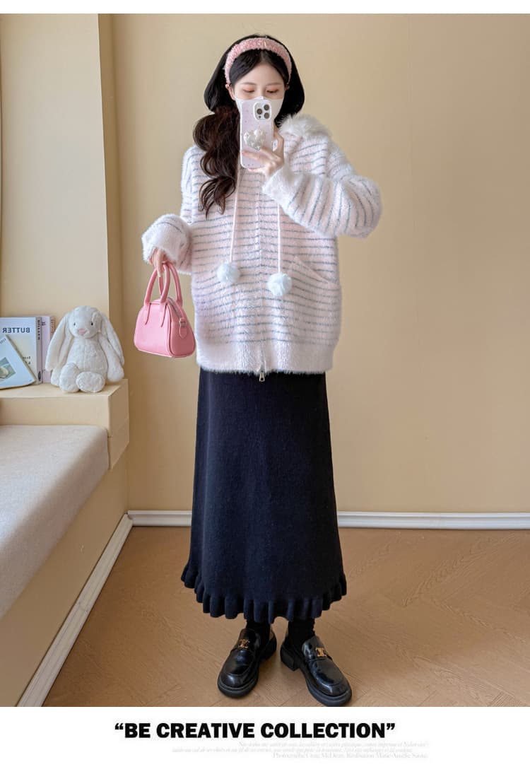 실사 임산부 가을 겨울 패션 연령 감소 스웨터 후드 모피 칼라 카디건 코트 수 있습니다. 조정 반신 치마 세트 상세 이미지 62