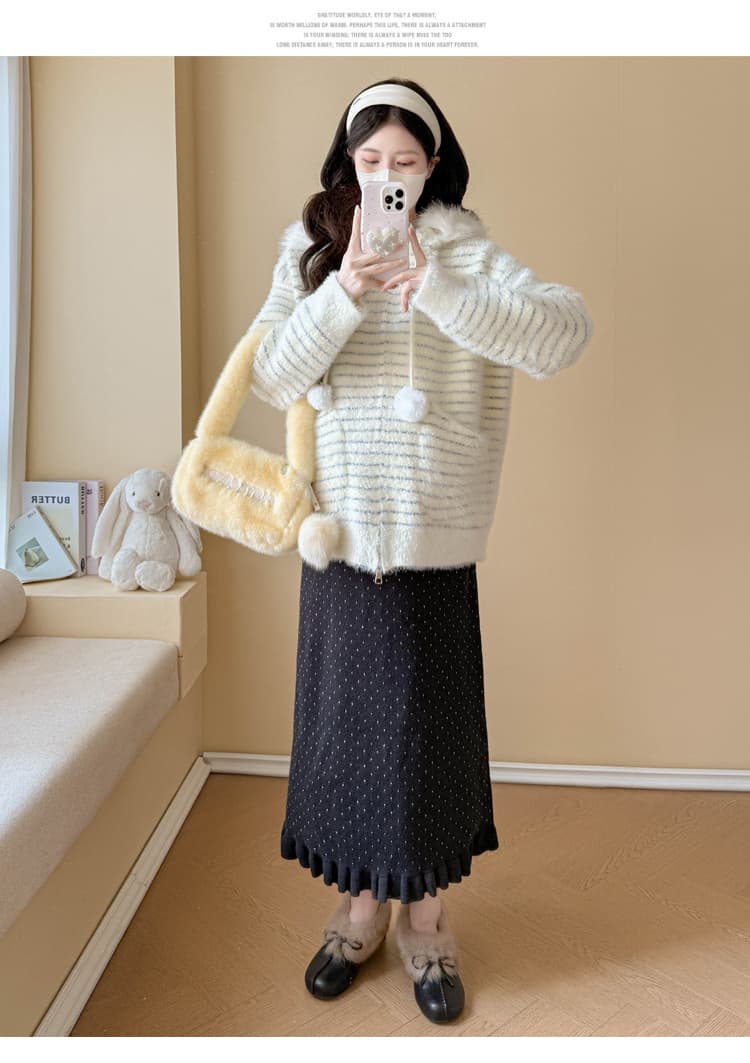 실사 임산부 가을 겨울 패션 연령 감소 스웨터 후드 모피 칼라 카디건 코트 수 있습니다. 조정 반신 치마 세트 상세 이미지 70