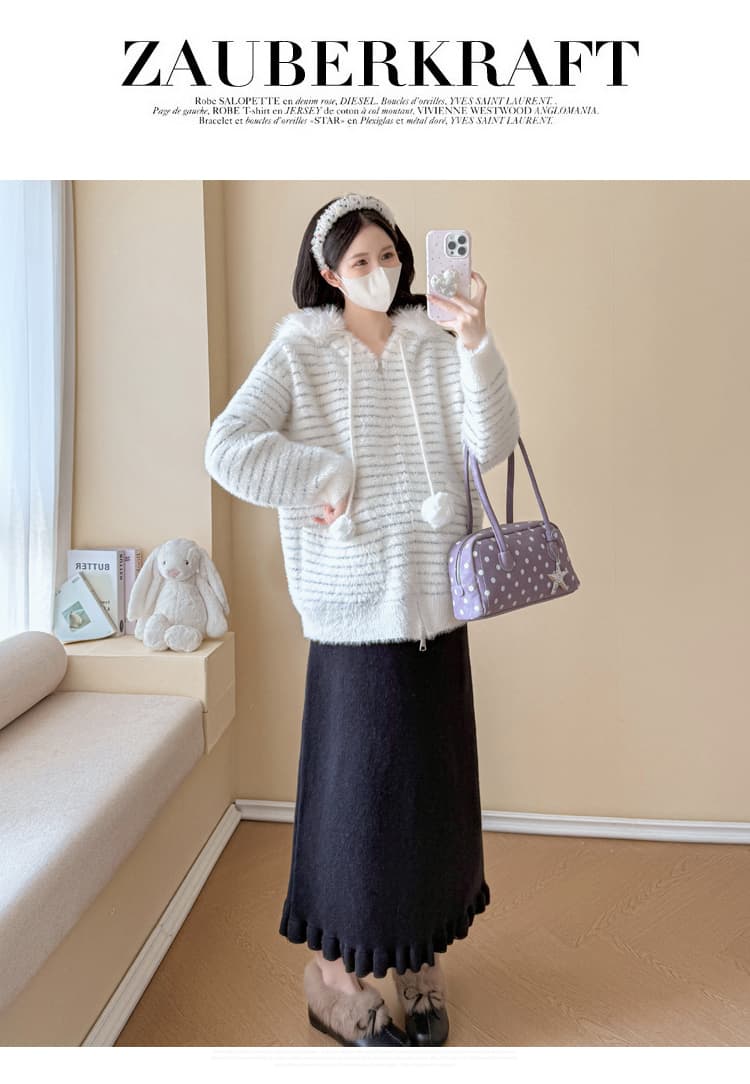 실사 임산부 가을 겨울 패션 연령 감소 스웨터 후드 모피 칼라 카디건 코트 수 있습니다. 조정 반신 치마 세트 상세 이미지 81