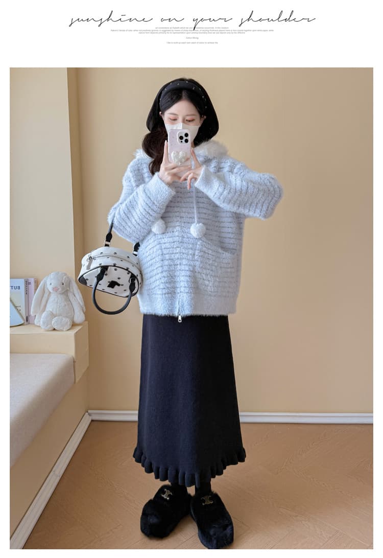 실사 임산부 가을 겨울 패션 연령 감소 스웨터 후드 모피 칼라 카디건 코트 수 있습니다. 조정 반신 치마 세트 상세 이미지 92
