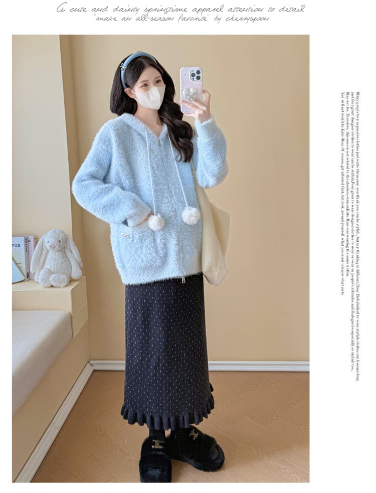 실사 임산부 가을 겨울 연령 감소 스웨터 토끼 후드 모피 칼라 카디건 코트 수 있습니다. 조정 반신 치마 세트 상세 이미지 21