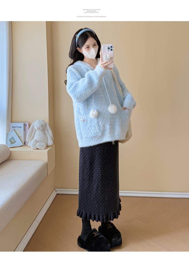 실사 임산부 가을 겨울 연령 감소 스웨터 토끼 후드 모피 칼라 카디건 코트 수 있습니다. 조정 반신 치마 세트 상세 이미지 24