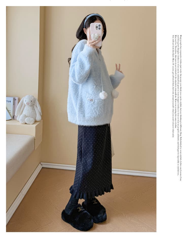 실사 임산부 가을 겨울 연령 감소 스웨터 토끼 후드 모피 칼라 카디건 코트 수 있습니다. 조정 반신 치마 세트 상세 이미지 29