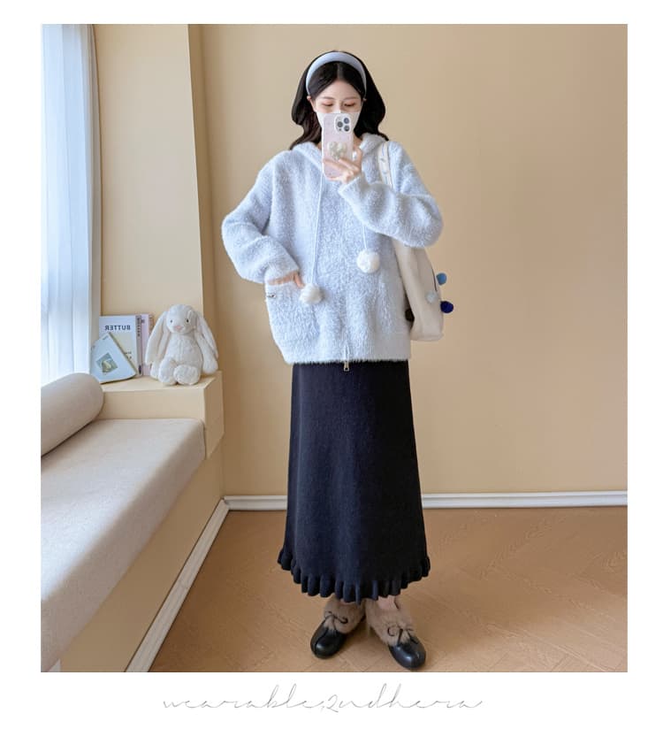 실사 임산부 가을 겨울 연령 감소 스웨터 토끼 후드 모피 칼라 카디건 코트 수 있습니다. 조정 반신 치마 세트 상세 이미지 31