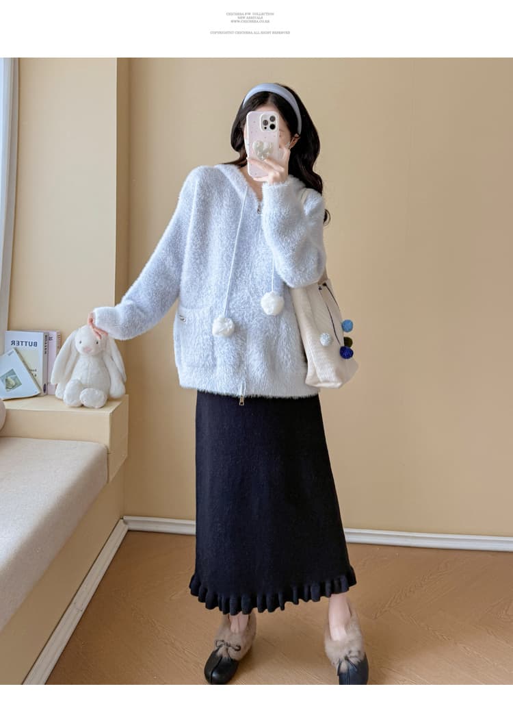 실사 임산부 가을 겨울 연령 감소 스웨터 토끼 후드 모피 칼라 카디건 코트 수 있습니다. 조정 반신 치마 세트 상세 이미지 32