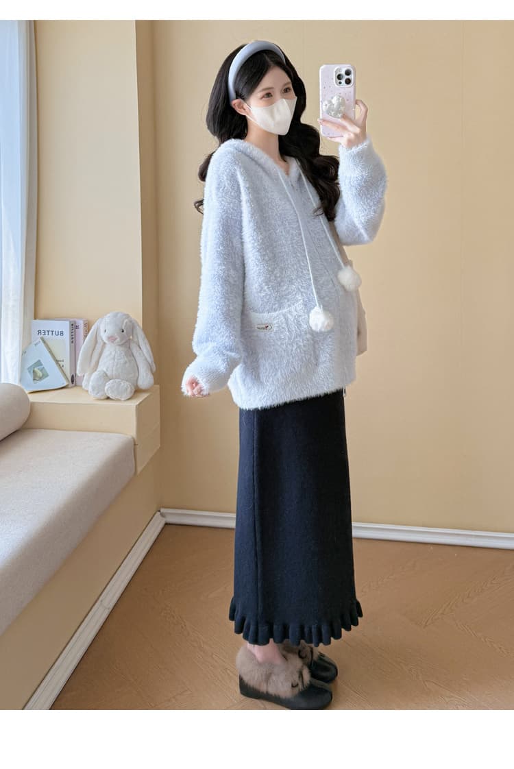 실사 임산부 가을 겨울 연령 감소 스웨터 토끼 후드 모피 칼라 카디건 코트 수 있습니다. 조정 반신 치마 세트 상세 이미지 34