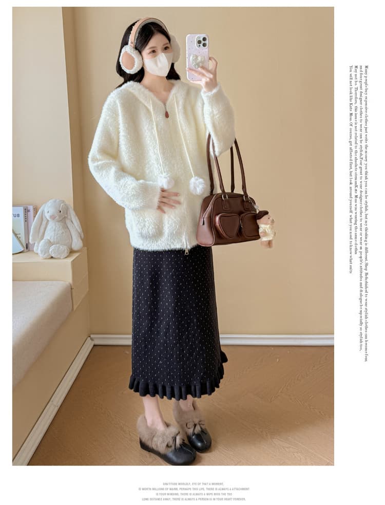 실사 임산부 가을 겨울 연령 감소 스웨터 토끼 후드 모피 칼라 카디건 코트 수 있습니다. 조정 반신 치마 세트 상세 이미지 37