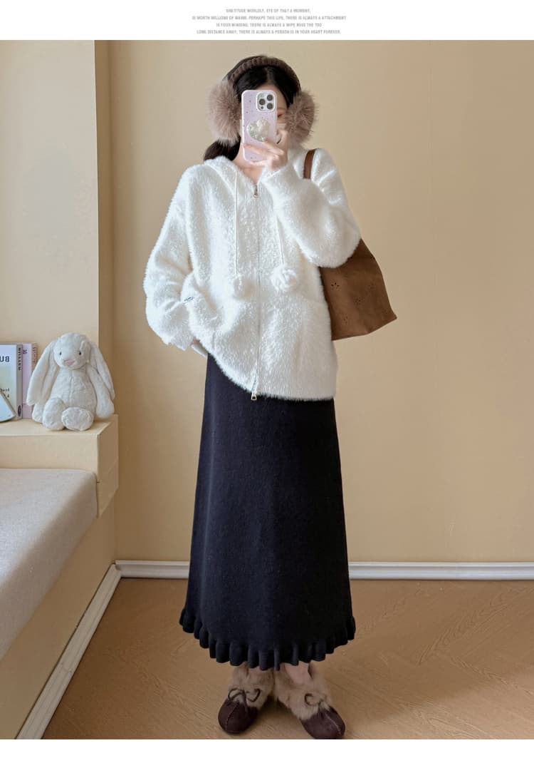 실사 임산부 가을 겨울 연령 감소 스웨터 토끼 후드 모피 칼라 카디건 코트 수 있습니다. 조정 반신 치마 세트 상세 이미지 46