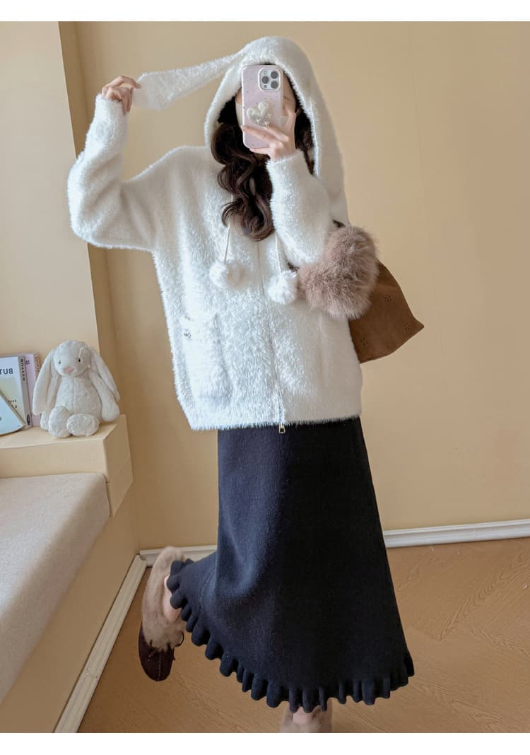 실사 임산부 가을 겨울 연령 감소 스웨터 토끼 후드 모피 칼라 카디건 코트 수 있습니다. 조정 반신 치마 세트 상세 이미지 50