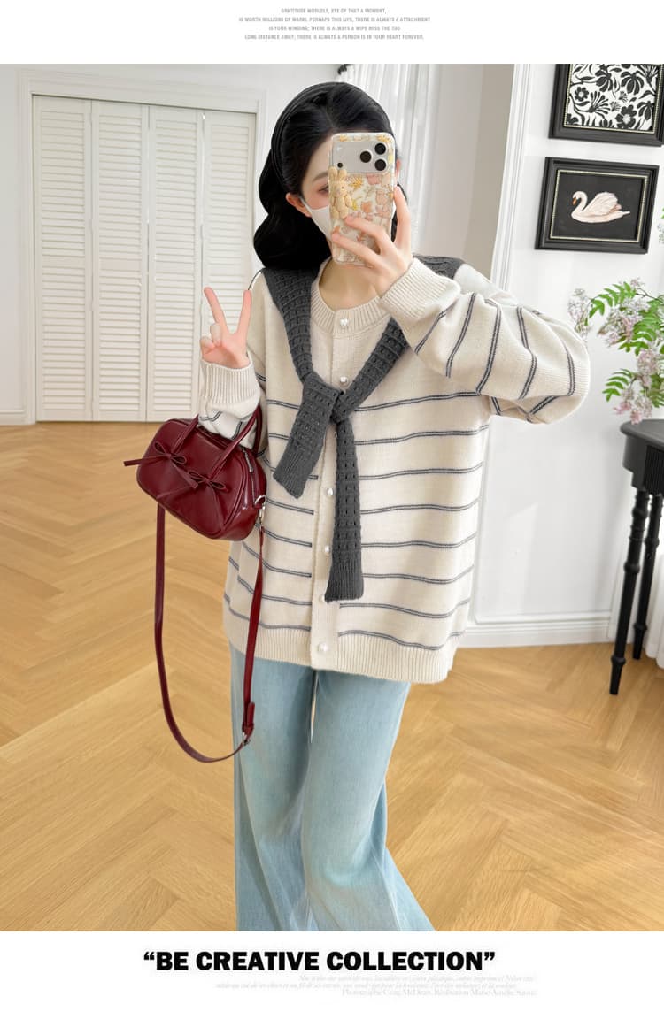 실사 새로운 임산부 한국 스타일 가을 겨울 루즈핏 연령 감소 숄 스트라이프 스웨터 오픈 가디건 부드러운 찹쌀 다용도 캐주얼 재킷 상세 이미지 30