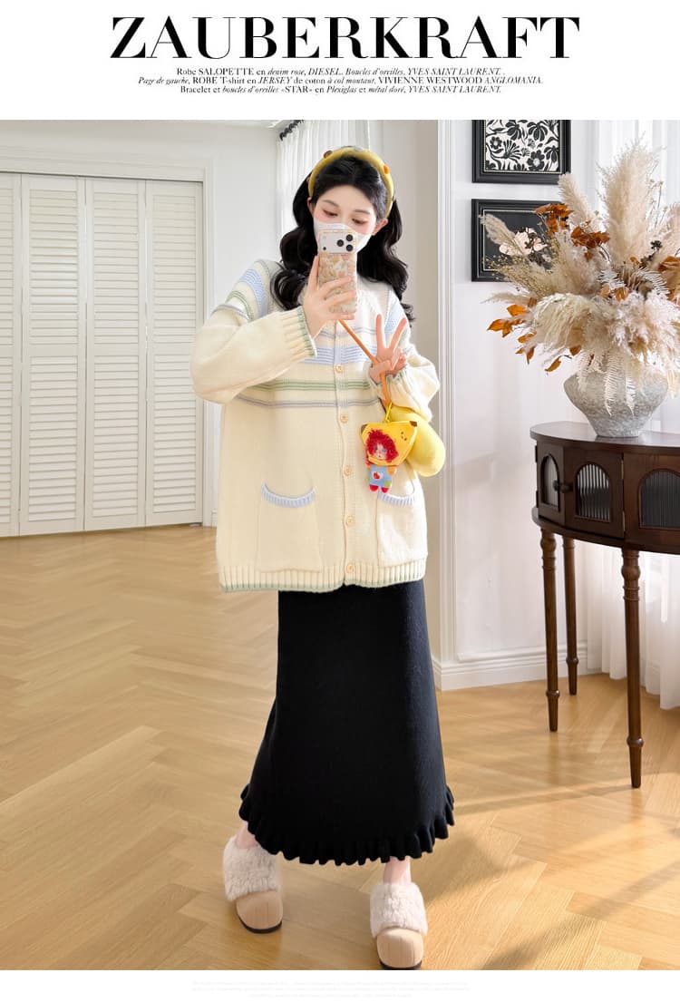 실사 임산부 가을 겨울 패션 루즈핏 슬림해 보이는 품격 연령 감소 스웨터 오픈 가디건 다용도 재킷 반신 치마 세트 상세 이미지 15