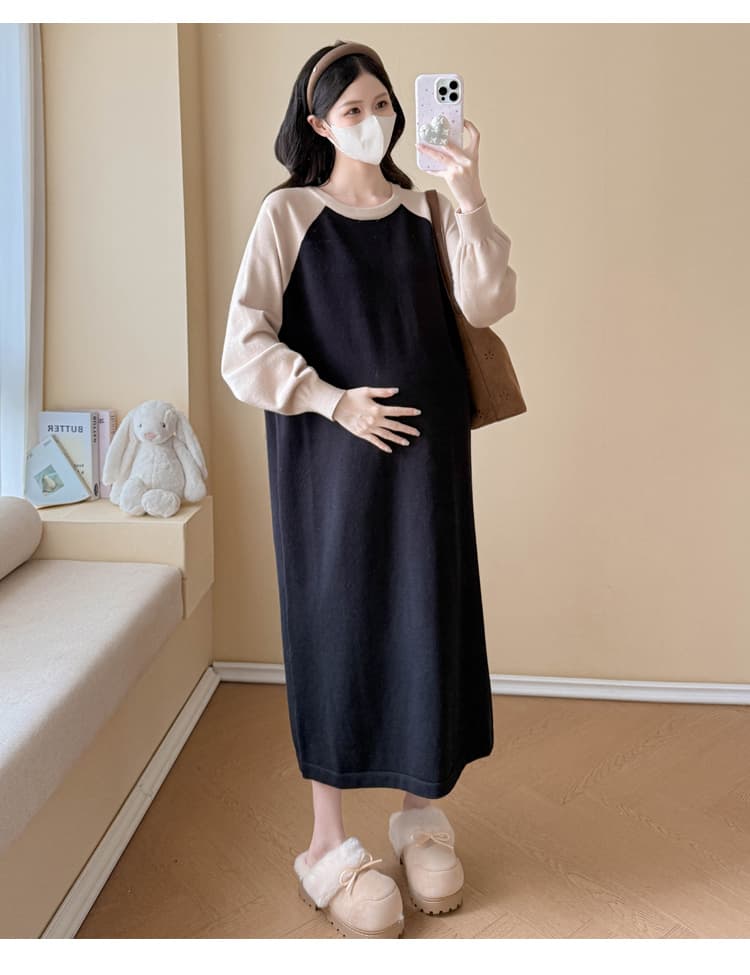실사 출산 착용 가을 겨울 새로운 배색 슬림해 보이는 품격 연령 감소 임산부 라운드 넥 두꺼운 루즈핏 니트 드레스 상세 이미지 22