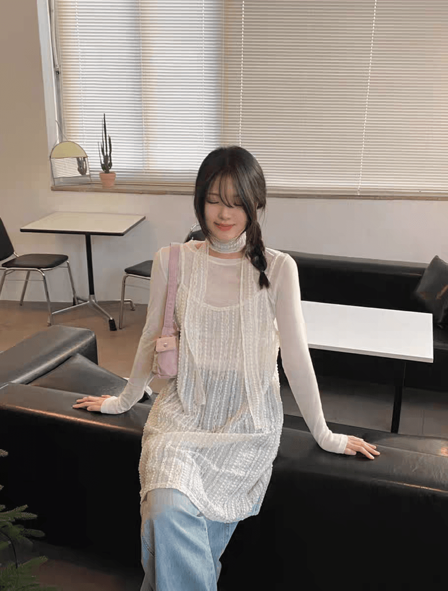 있음 창고 프랑스식 리본 레이스 슬립 스택 착용 여성 드레스 시스루 치마 상세 이미지 7