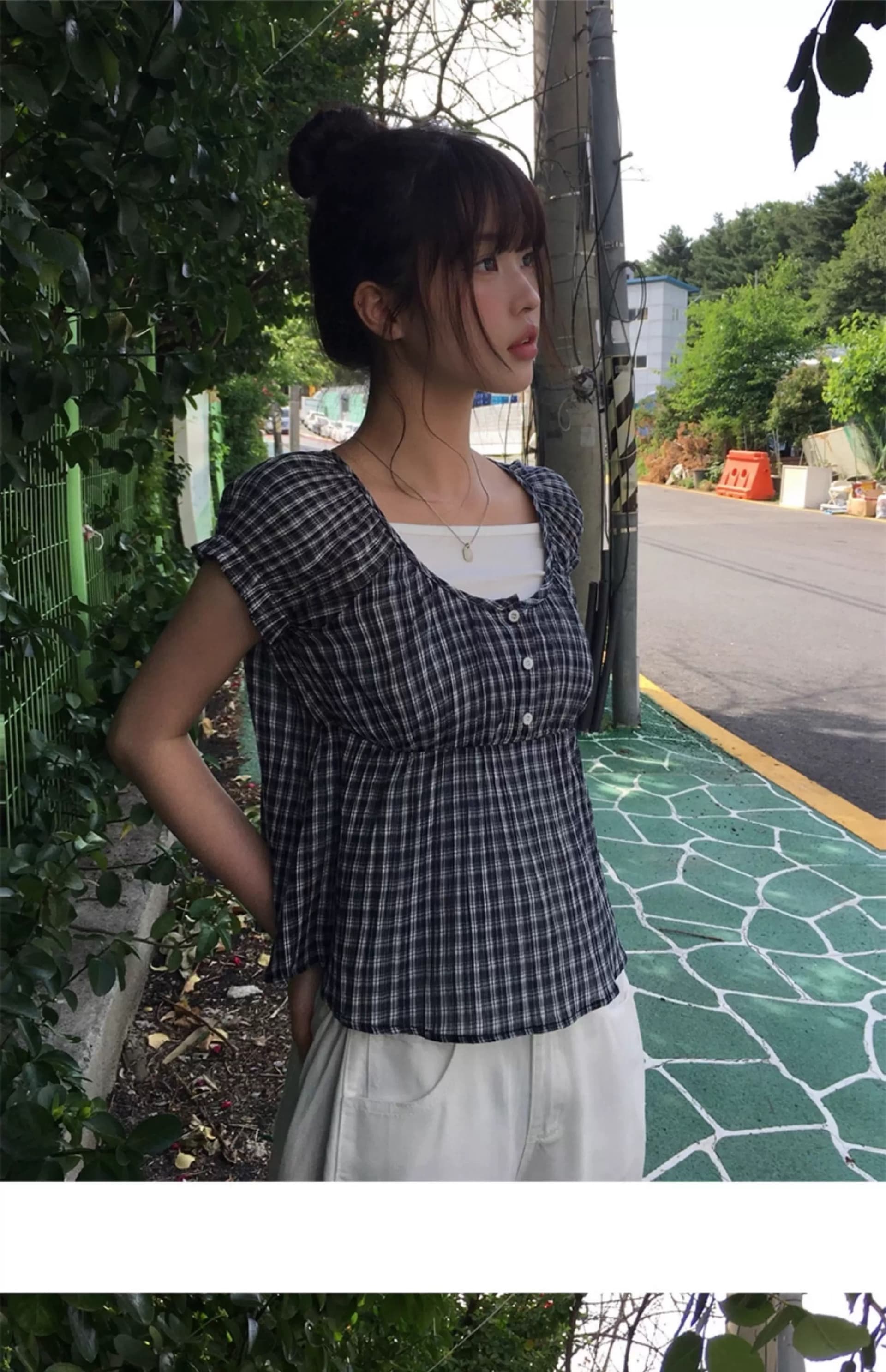 있음 창고 한 부서 레트로 달콤함 체크무늬 다용도 거품 소매 인형 셔츠 맨위 작은 셔츠 상세 이미지 5