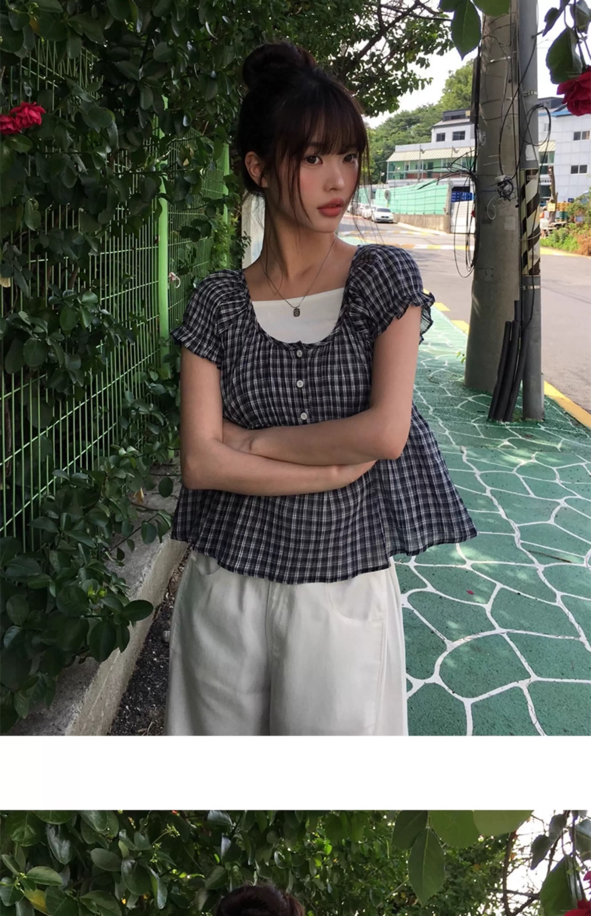 있음 창고 한 부서 레트로 달콤함 체크무늬 다용도 거품 소매 인형 셔츠 맨위 작은 셔츠 상세 이미지 6