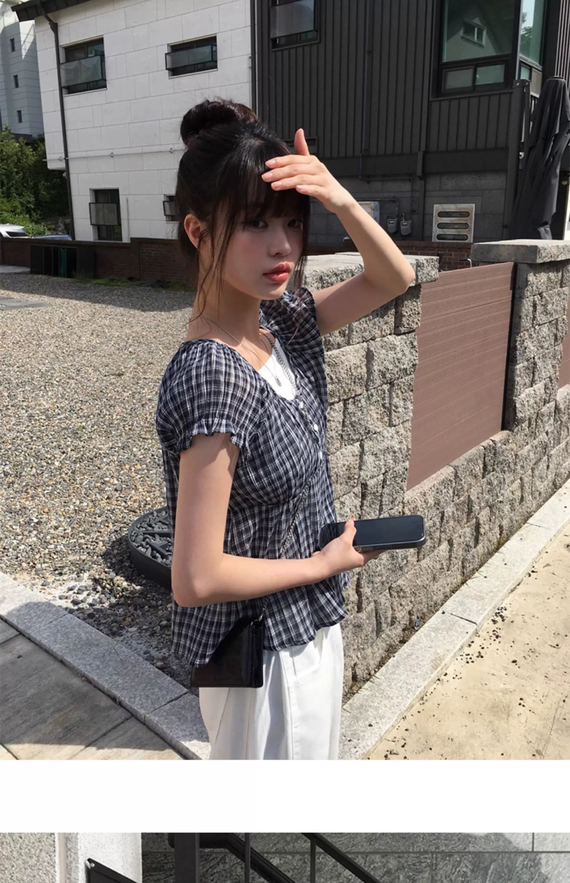 있음 창고 한 부서 레트로 달콤함 체크무늬 다용도 거품 소매 인형 셔츠 맨위 작은 셔츠 상세 이미지 9
