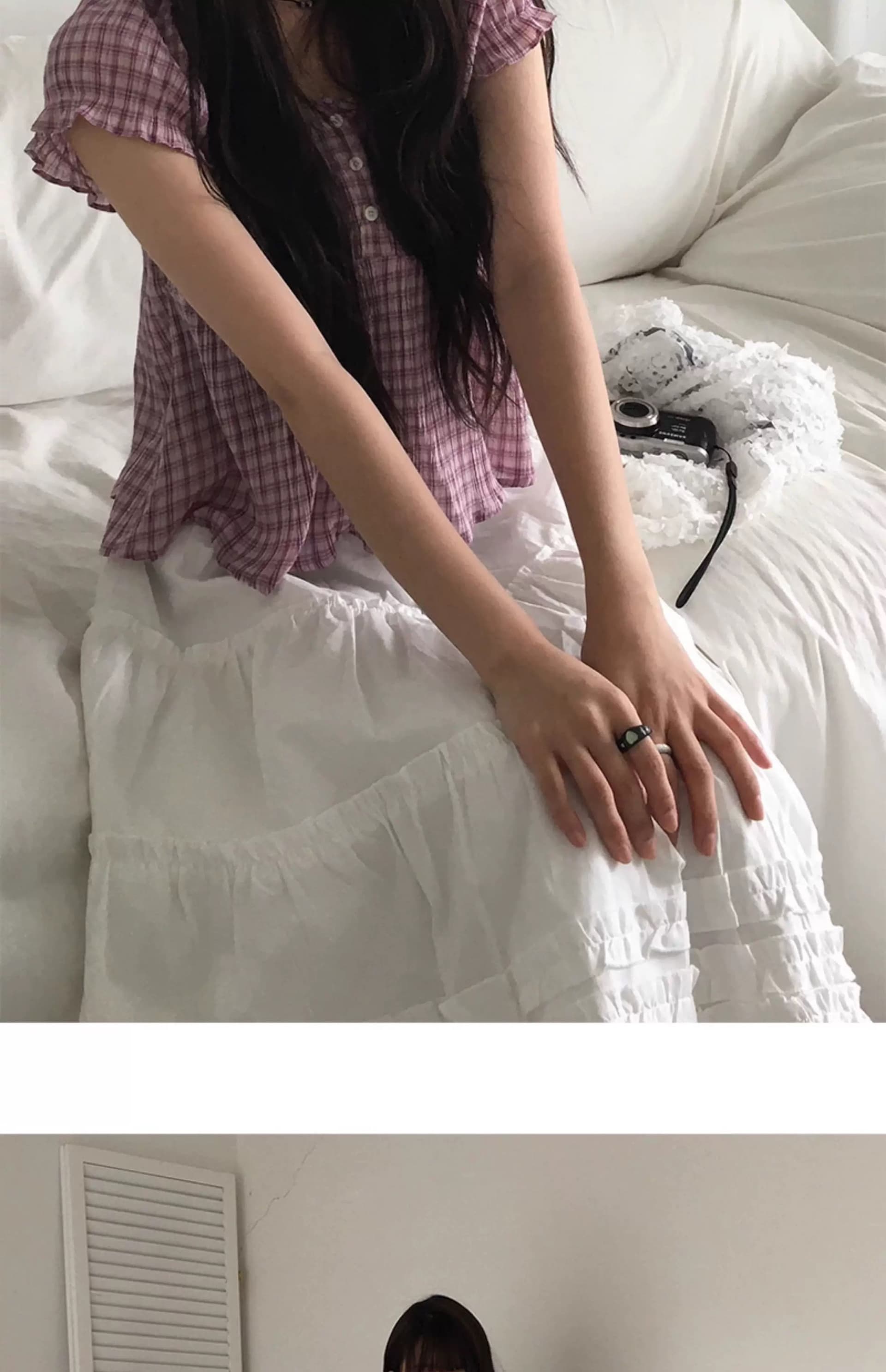 있음 창고 한 부서 레트로 달콤함 체크무늬 다용도 거품 소매 인형 셔츠 맨위 작은 셔츠 상세 이미지 16