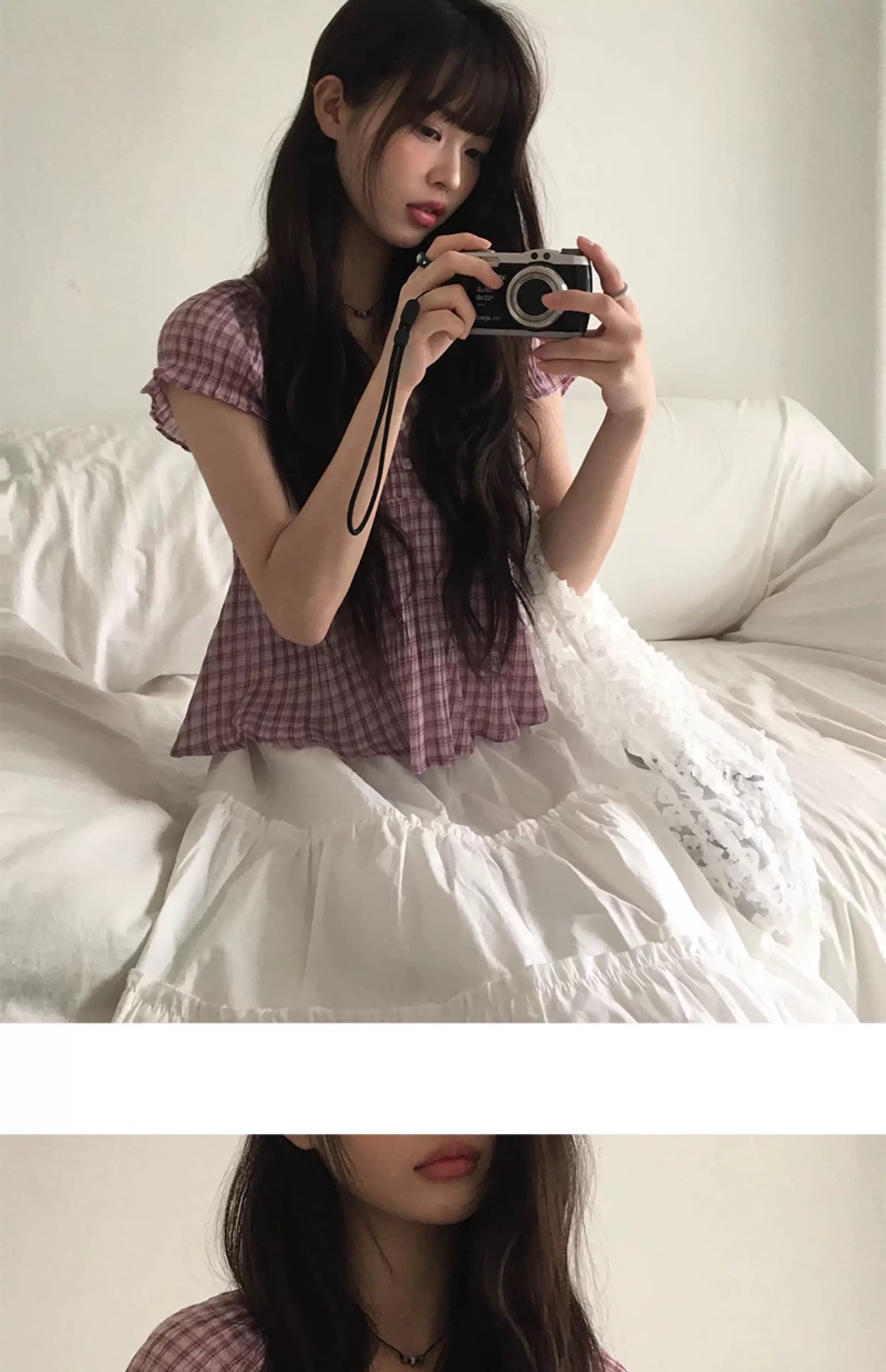 있음 창고 한 부서 레트로 달콤함 체크무늬 다용도 거품 소매 인형 셔츠 맨위 작은 셔츠 상세 이미지 22