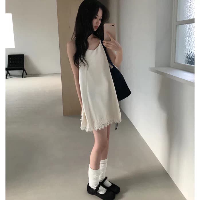 있음 선적 레이스 레이스 패치워크 슬립 드레스 랩스커트팬츠 스택 착용 다용도 중 섹션 드레스 이미지 3