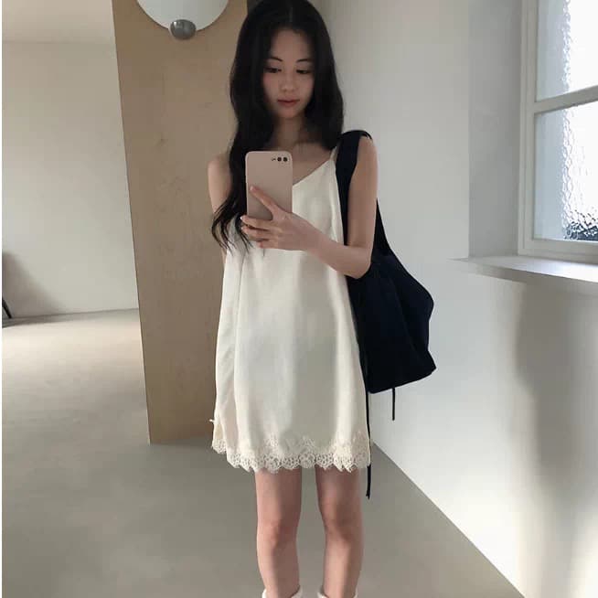 있음 선적 레이스 레이스 패치워크 슬립 드레스 랩스커트팬츠 스택 착용 다용도 중 섹션 드레스 상세 이미지 1