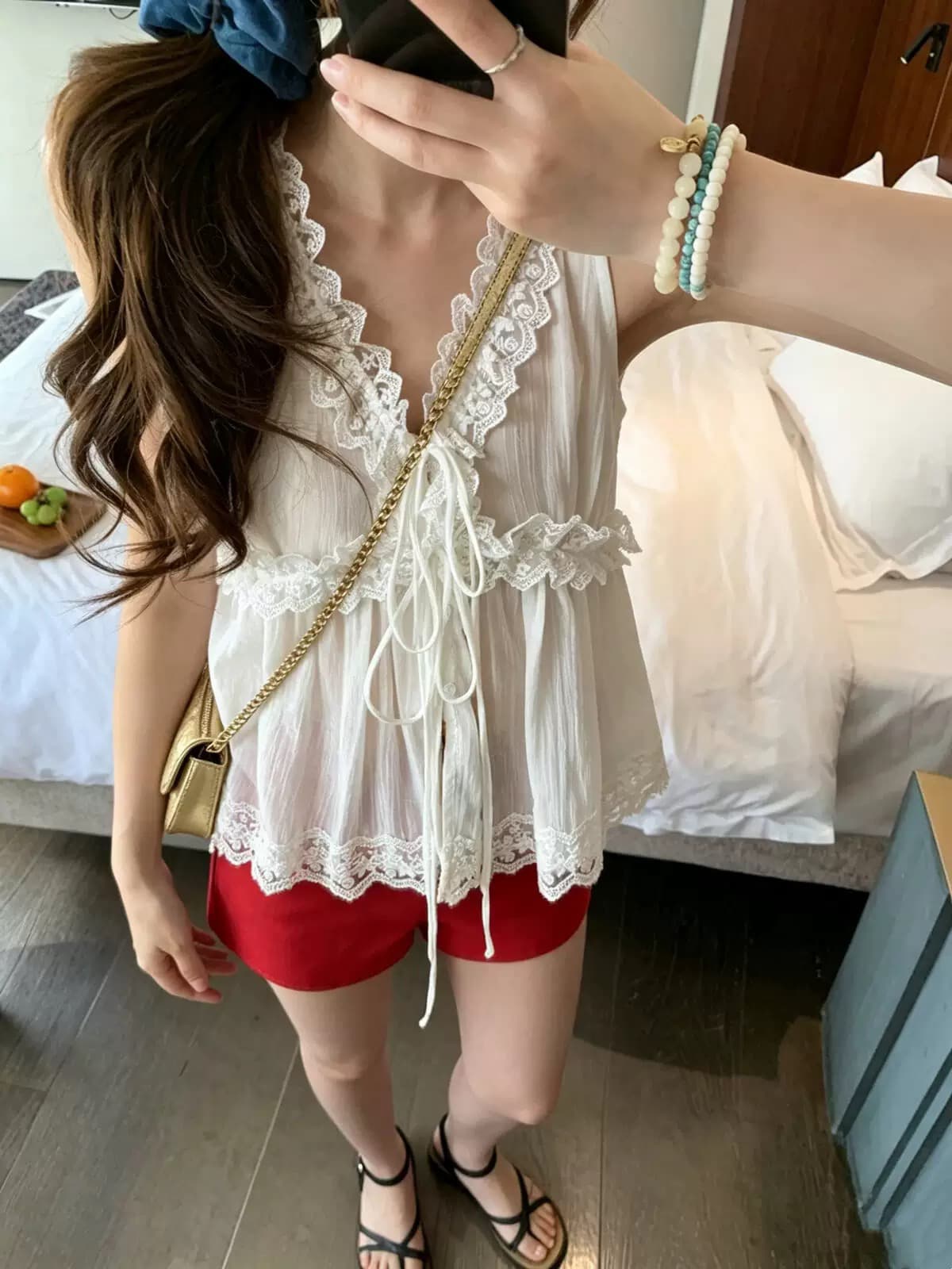있음 창고 부드러운 바람 레이스 레이스 패치워크 V넥 조끼 이미지 4