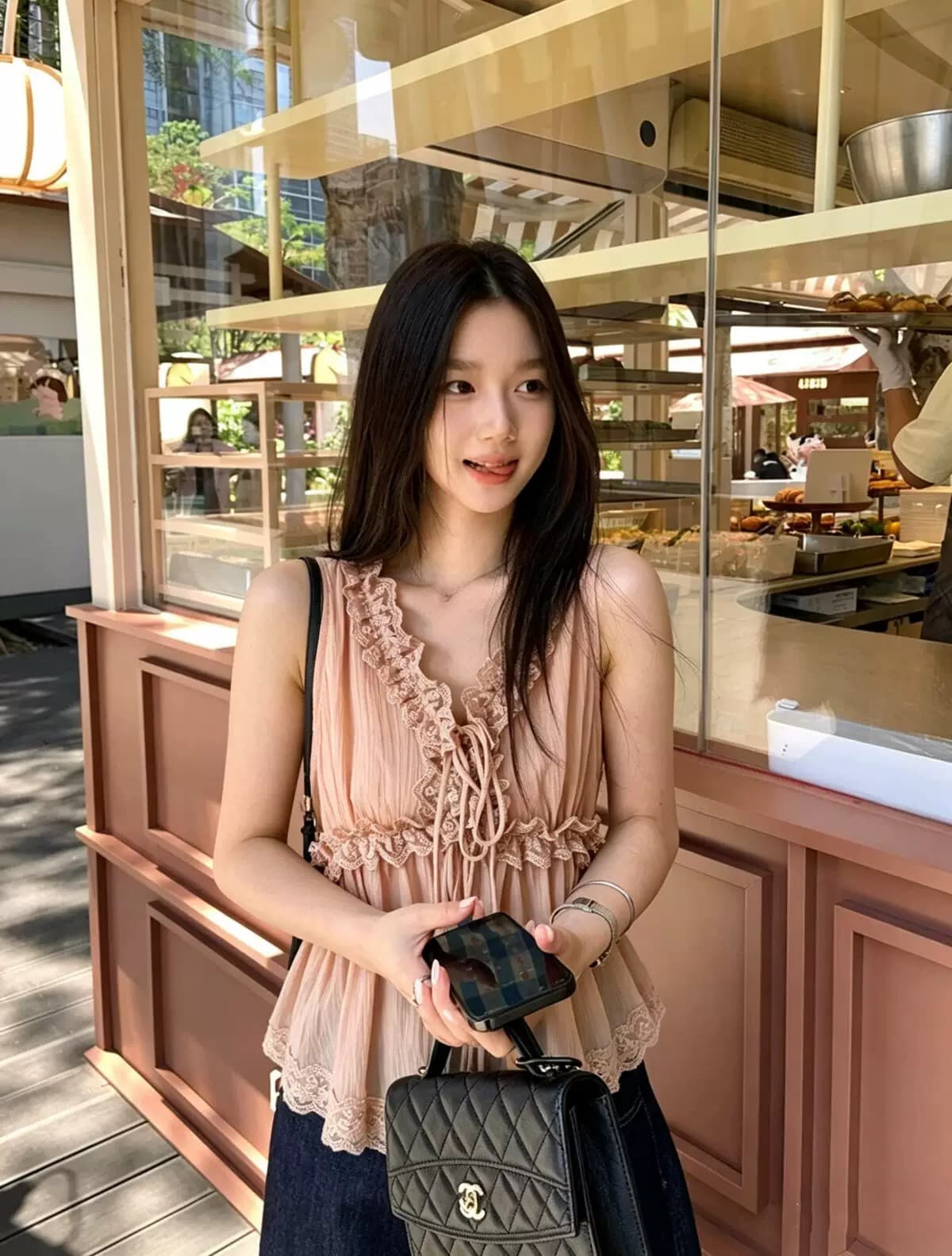 있음 창고 부드러운 바람 레이스 레이스 패치워크 V넥 조끼 상세 이미지 1