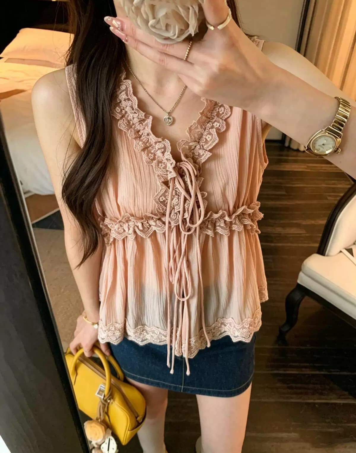 있음 창고 부드러운 바람 레이스 레이스 패치워크 V넥 조끼 상세 이미지 3