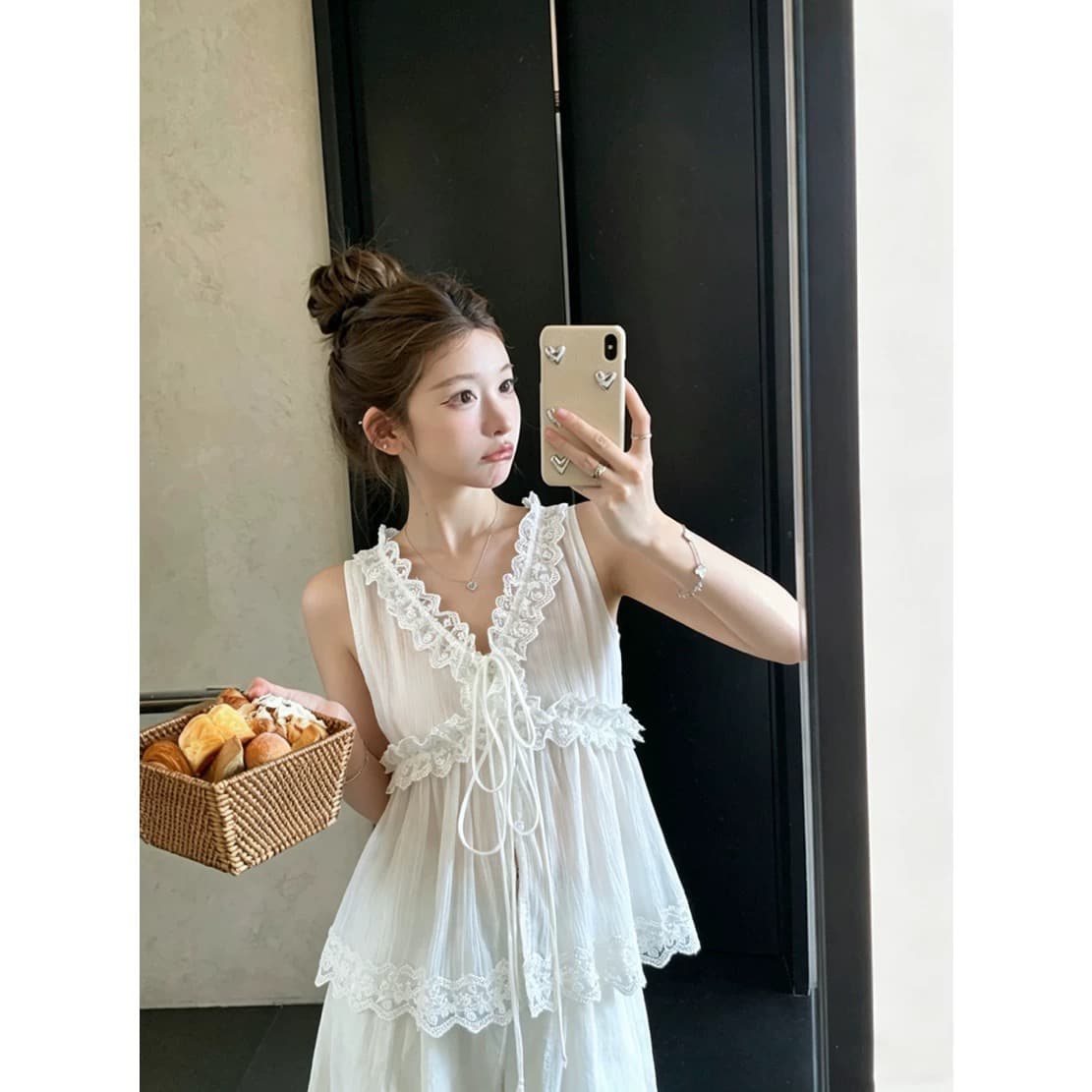 있음 창고 부드러운 바람 레이스 레이스 패치워크 V넥 조끼 상세 이미지 6