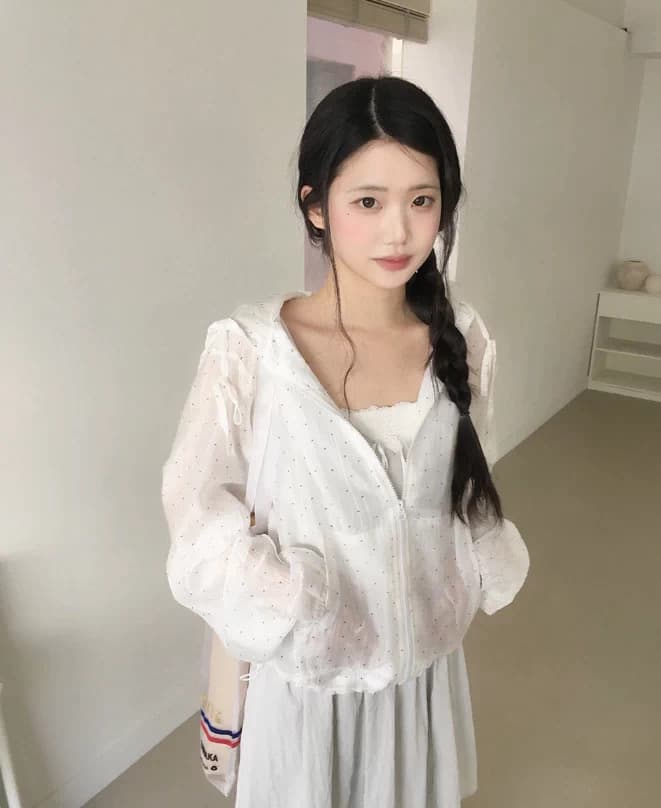 있음 창고 도트 무늬 느슨함 센스 연령 감소 후드 셔츠 레이스 재킷 셔츠 상세 이미지 6