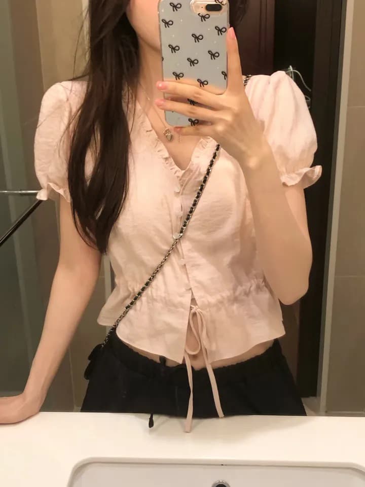 한국 26 새로운 연령 감소 허리 수축 스트랩 V넥 작은 버블 소매 짧은 셔츠 이미지 2