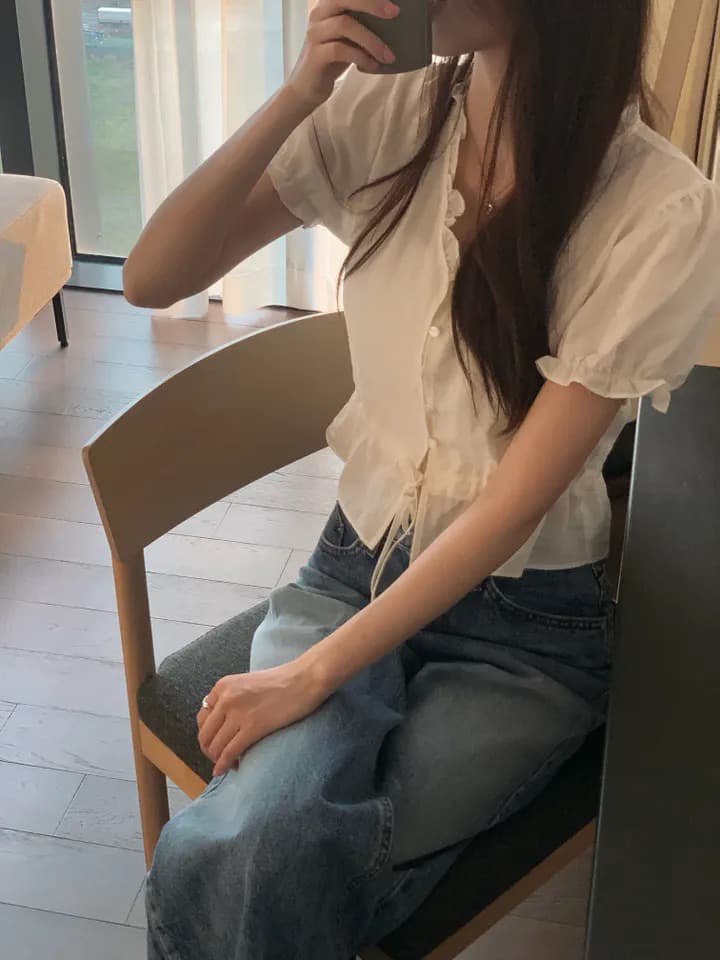 한국 26 새로운 연령 감소 허리 수축 스트랩 V넥 작은 버블 소매 짧은 셔츠 상세 이미지 6