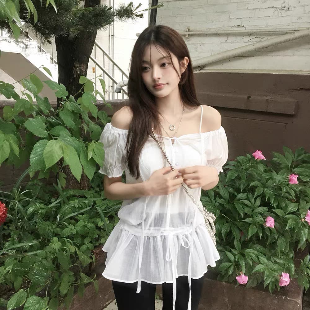 있음 창고 거품 소매 레이스 허리 수축 슬림해 보이는 여성 셔츠 상세 이미지 2