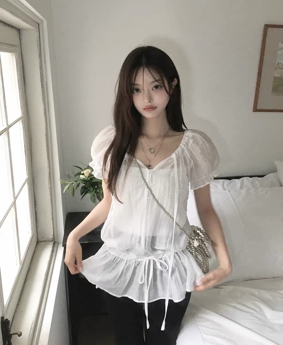 있음 창고 거품 소매 레이스 허리 수축 슬림해 보이는 여성 셔츠 상세 이미지 6