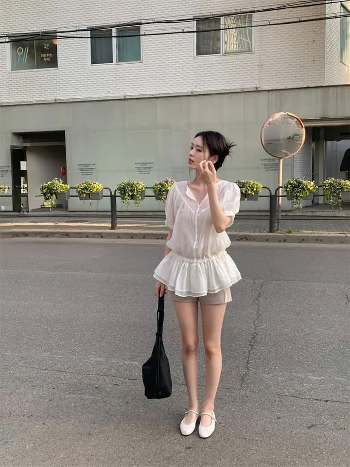 한국 여름 새로운 분위기 센스 이중층 프릴 얇은 스타일 펌프 로프 허리 수축 셔츠 상세 이미지 6