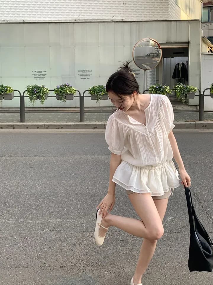 한국 여름 새로운 분위기 센스 이중층 프릴 얇은 스타일 펌프 로프 허리 수축 셔츠 상세 이미지 8