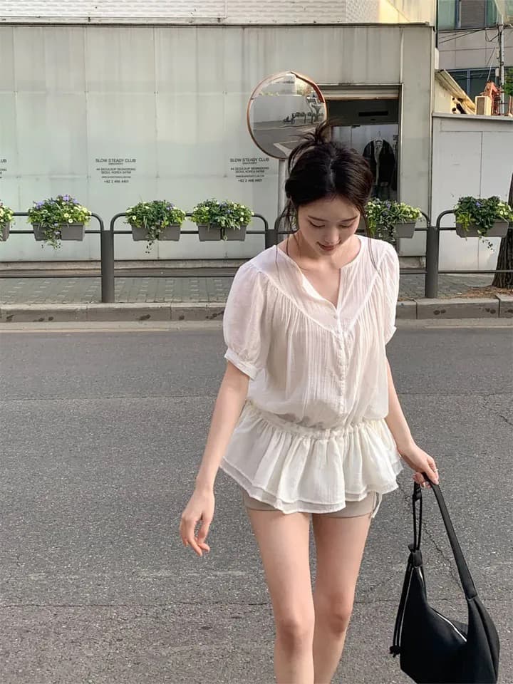 한국 여름 새로운 분위기 센스 이중층 프릴 얇은 스타일 펌프 로프 허리 수축 셔츠 상세 이미지 15