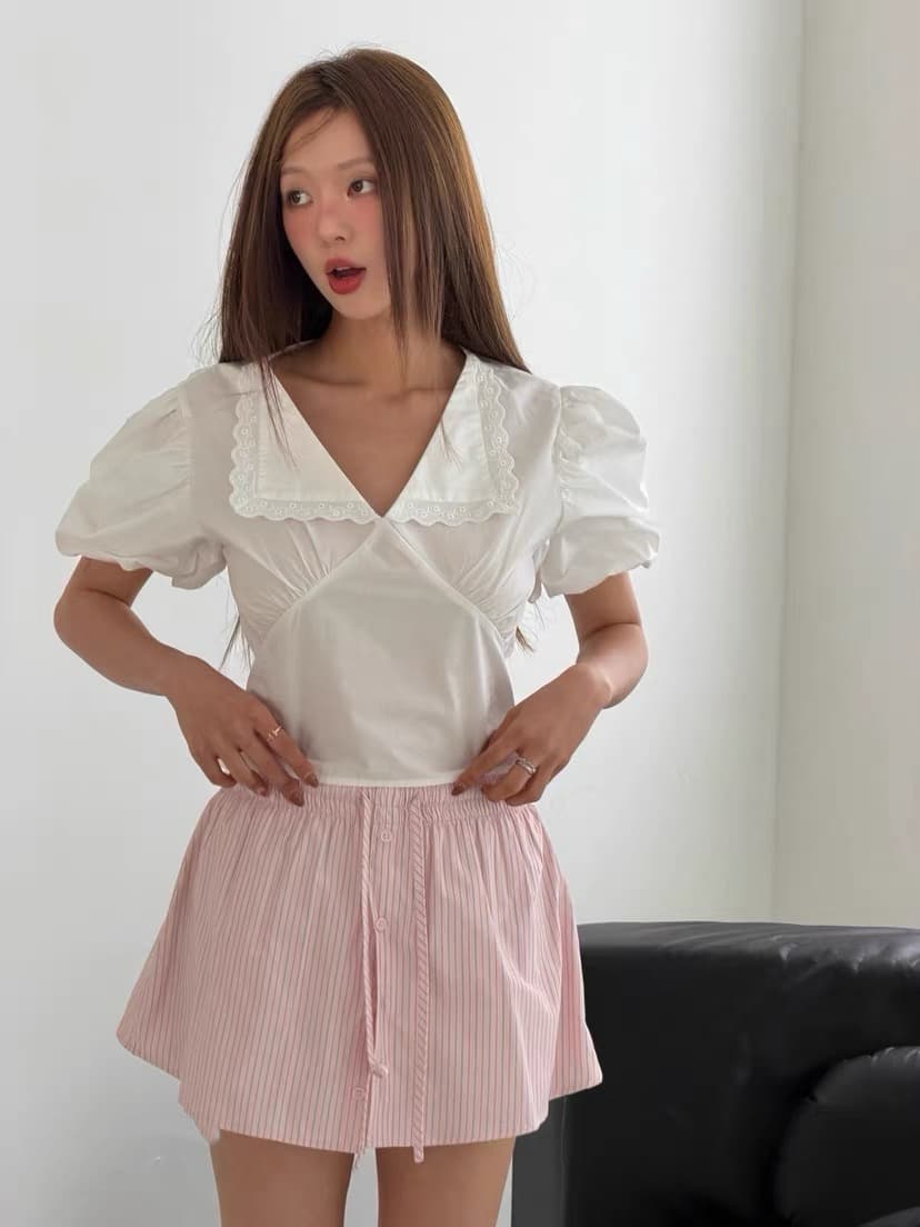 있음 창고 연령 감소 스트라이프 레이스업 짧은 바지 여성 여름 상세 이미지 5