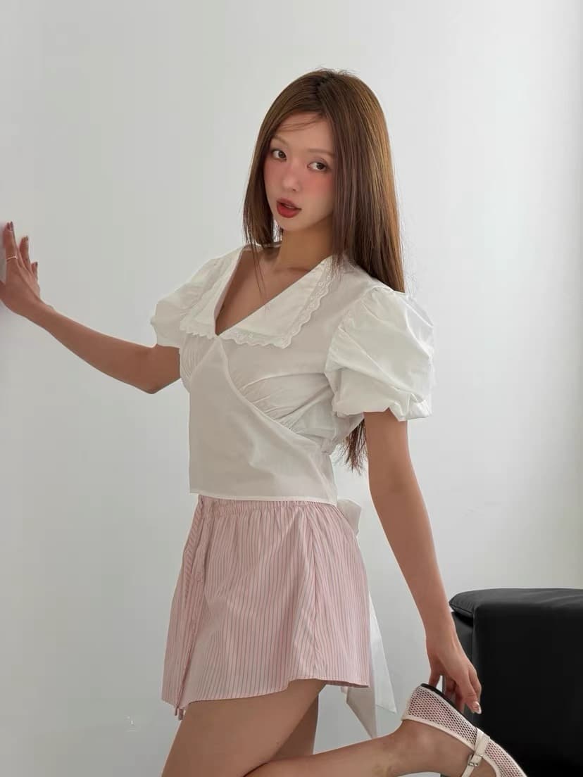 있음 창고 연령 감소 스트라이프 레이스업 짧은 바지 여성 여름 상세 이미지 6