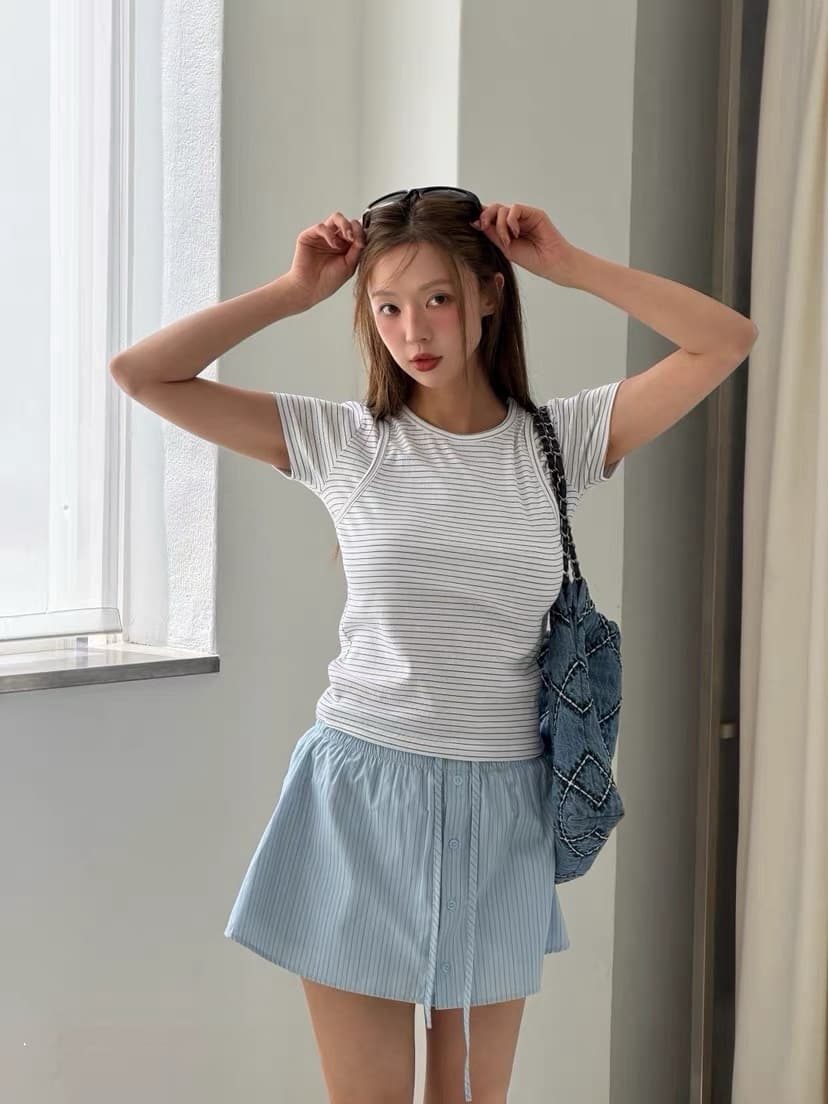 있음 창고 연령 감소 스트라이프 레이스업 짧은 바지 여성 여름 상세 이미지 11