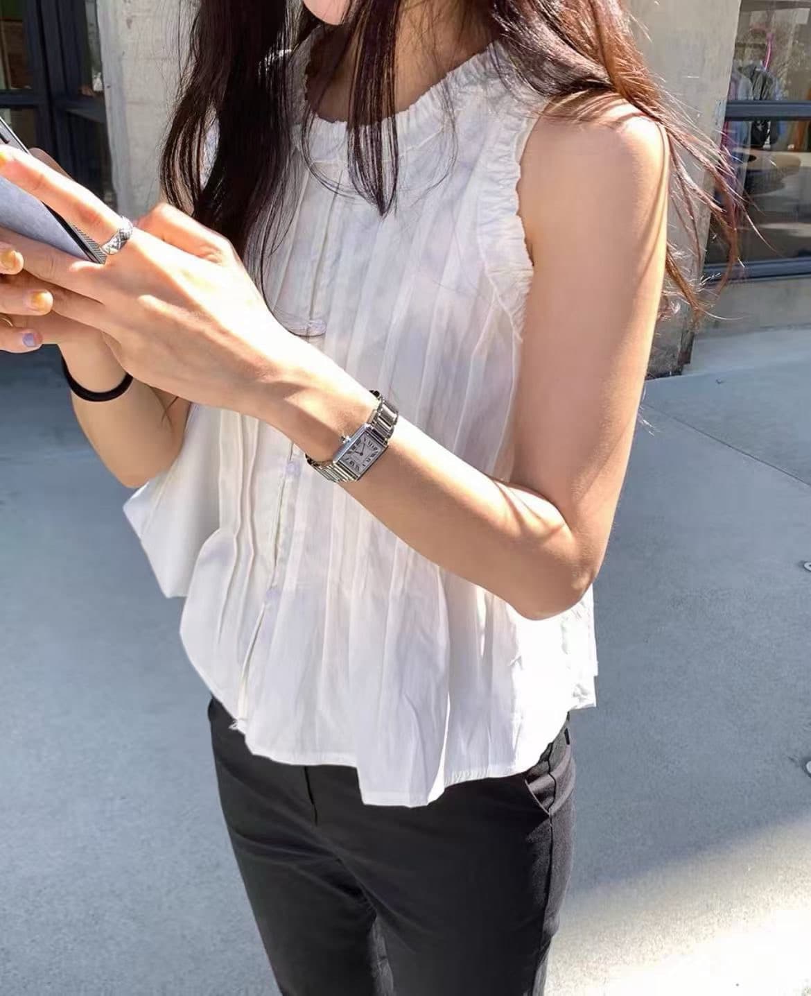 있음 창고 한국 2026 여름 달콤함 귀여운 목이버섯 레이스 플리츠 작은 치마 민소매 셔츠 이미지 3
