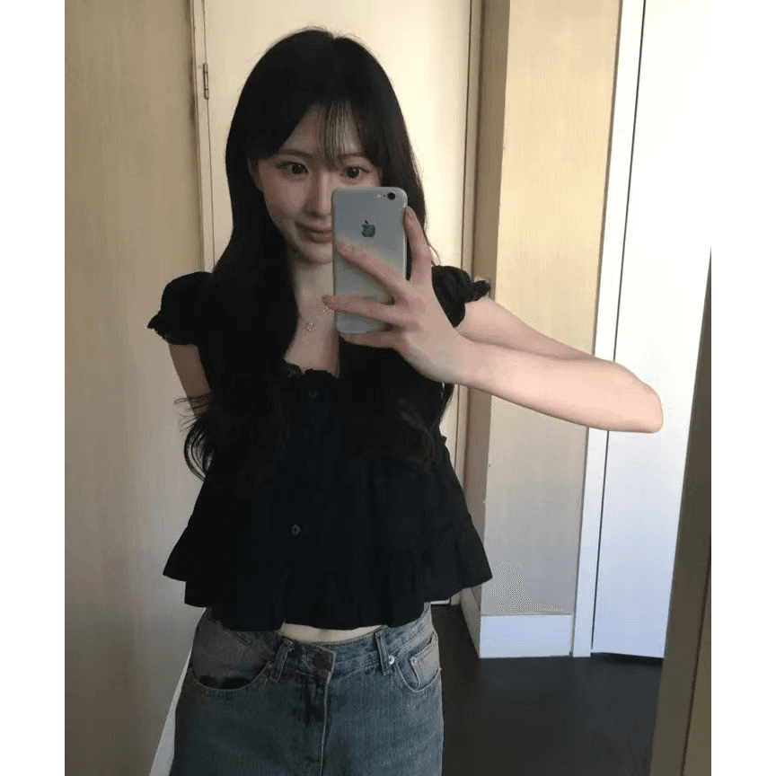 있음 창고 화이트 레이스 레이스 반팔 셔츠 프릴 V넥 거품 소매 셔츠 이미지 5