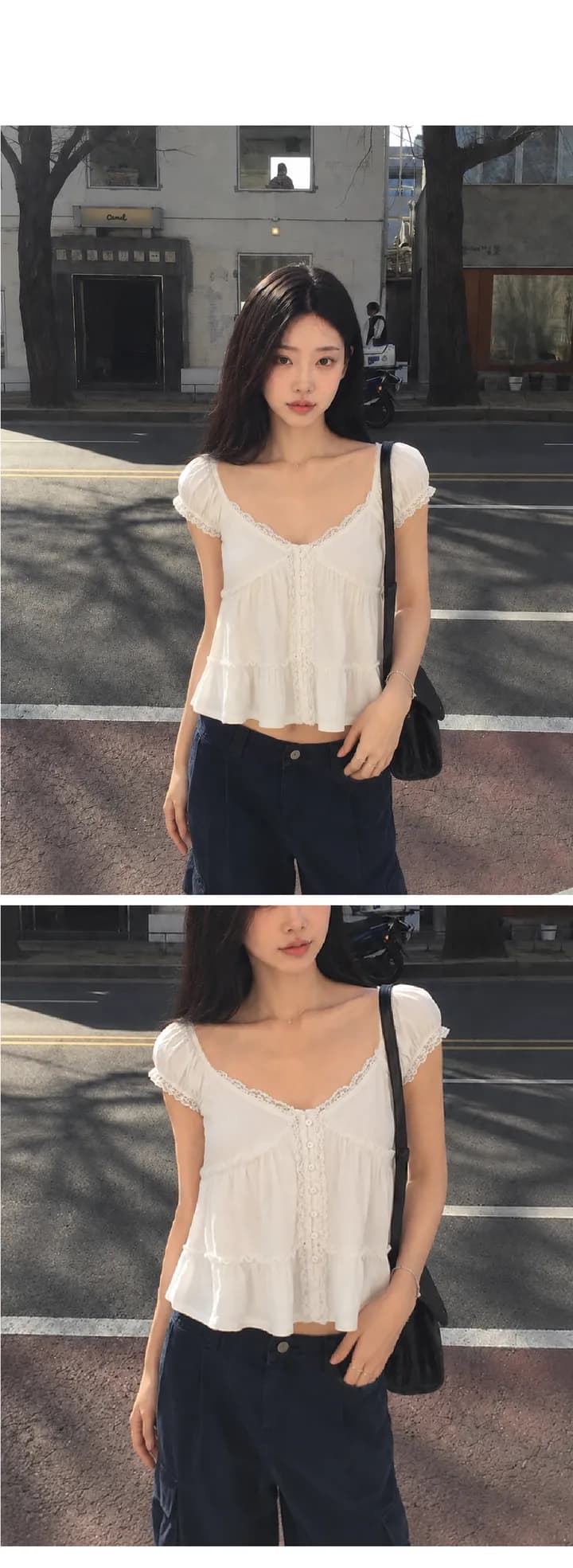 있음 창고 화이트 레이스 레이스 반팔 셔츠 프릴 V넥 거품 소매 셔츠 상세 이미지 1