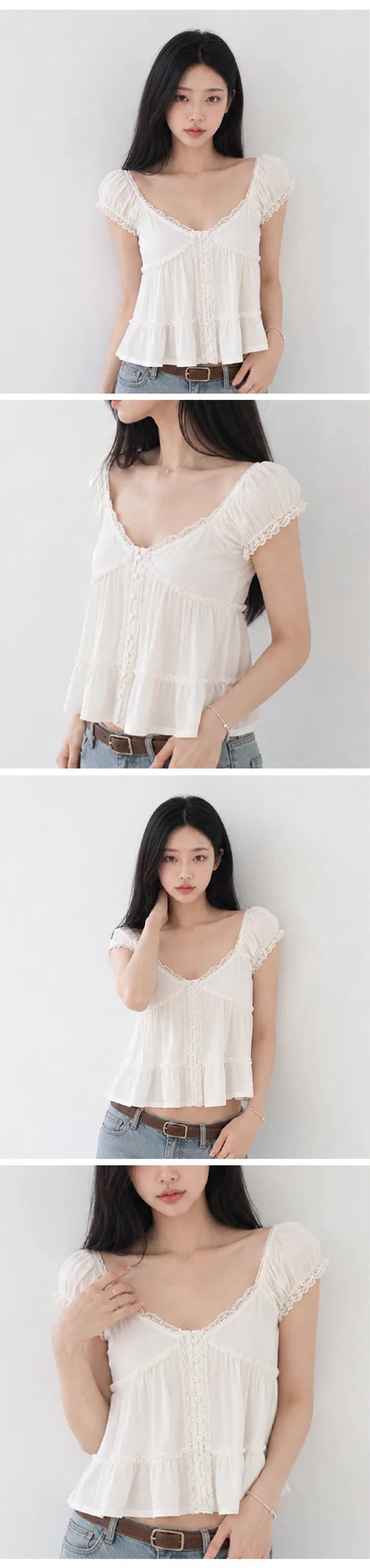 있음 창고 화이트 레이스 레이스 반팔 셔츠 프릴 V넥 거품 소매 셔츠 상세 이미지 3