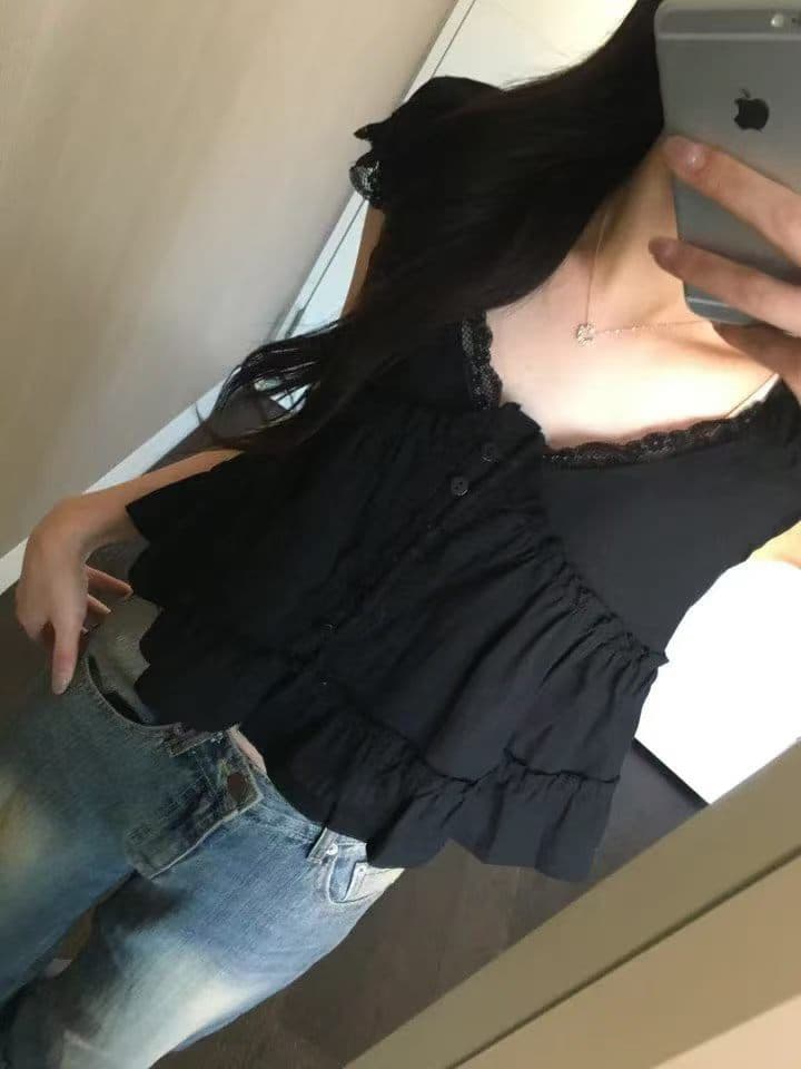 있음 창고 화이트 레이스 레이스 반팔 셔츠 프릴 V넥 거품 소매 셔츠 상세 이미지 4