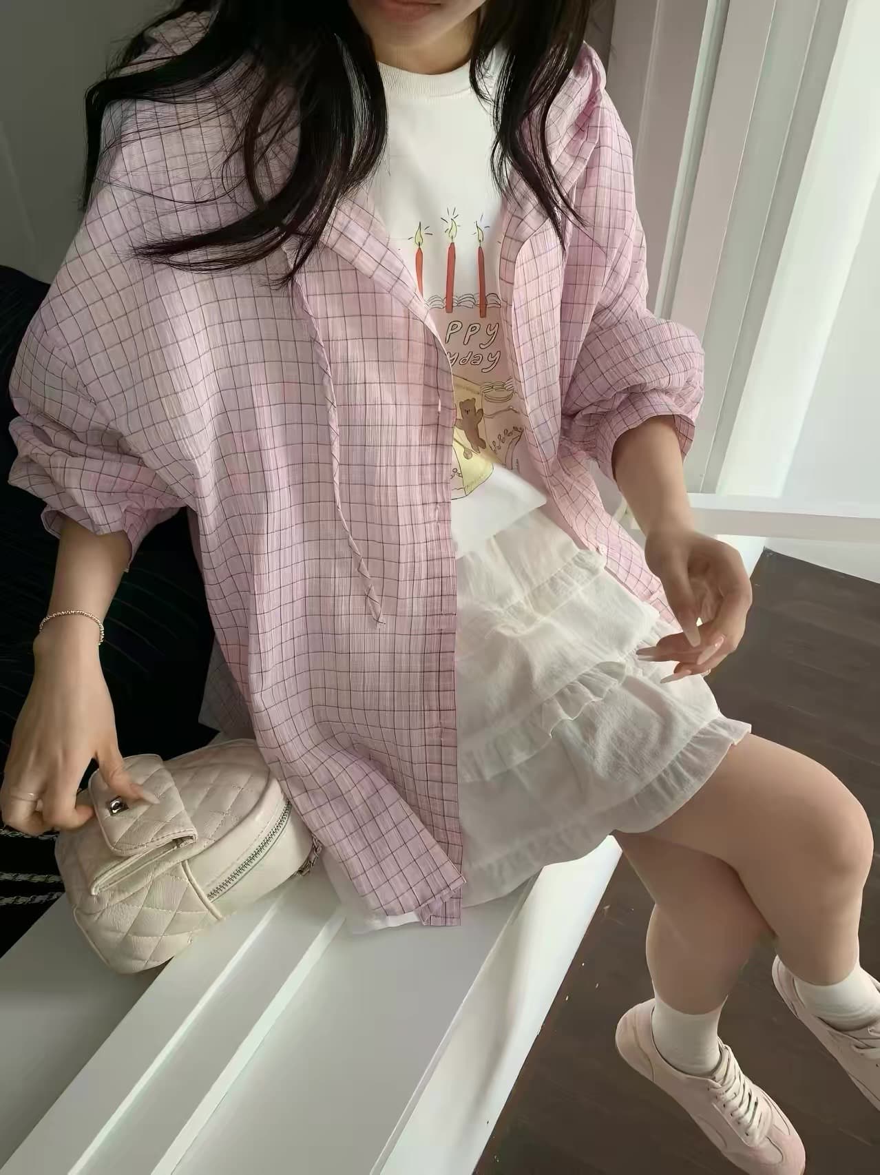 있음 창고 후드 핑크색 체크무늬 자외선 차단 여성 셔츠